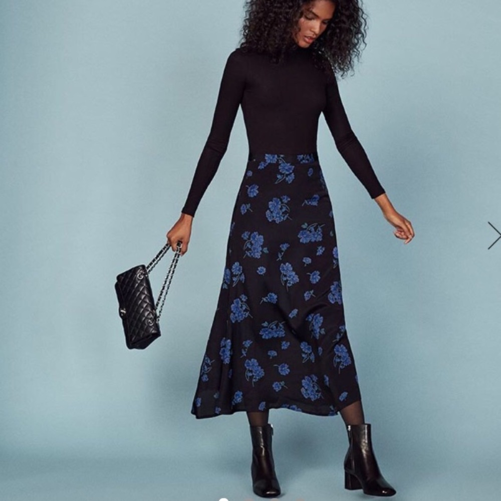Reformation Bea Maxi midi skirt black blue floral